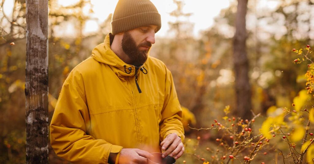 pensive man walking in woods