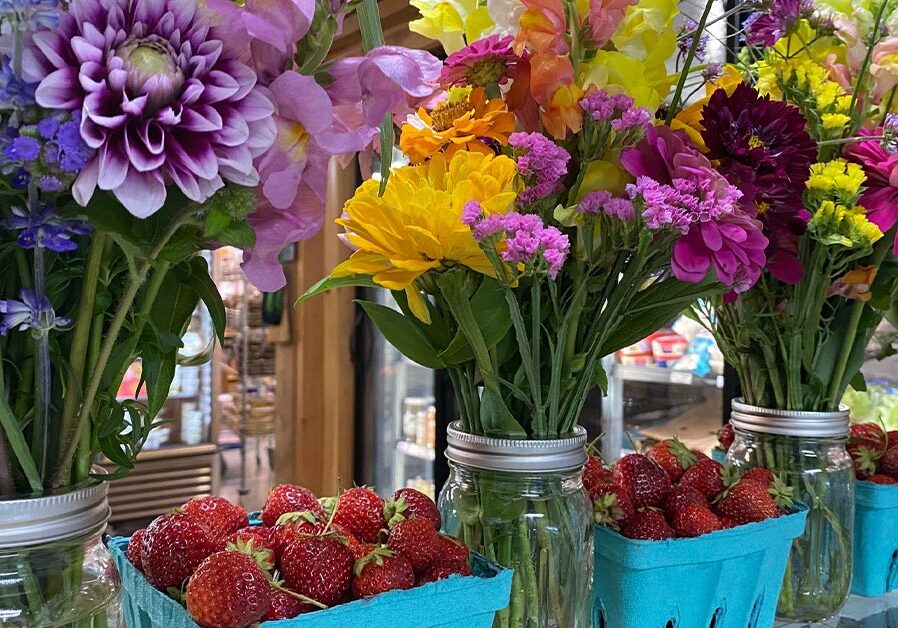flower displays and strawberries